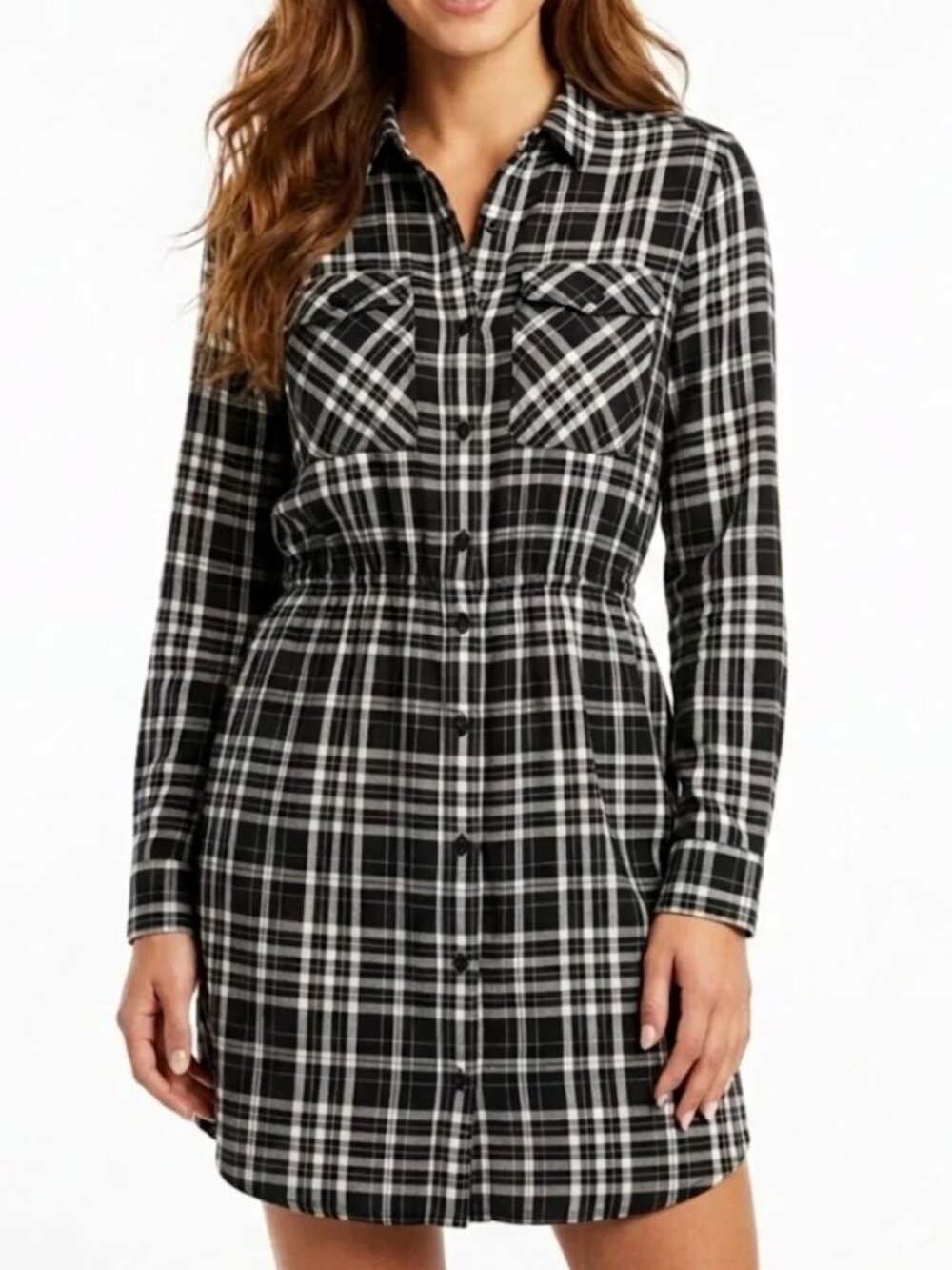 Express Black White Plaid Rayon Shirt Dress Elastic Waist Pockets M